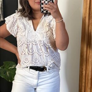 Artelier Nicole Miller Eyelet Ruffle Sleeve Blouse. Size M